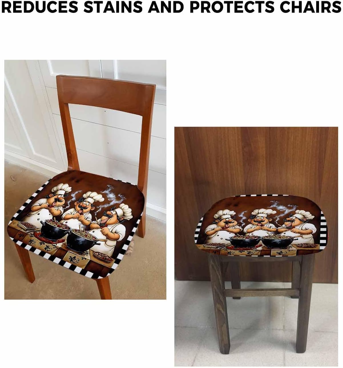 Fat Chef Seat Covers for Dining Chairs, Stretch Kitchen Chair Slipcovers, Cartoon Vintage Black Check Plaid Dining Room Chair Covers Removable Office Chair Cover Protector Set of 6