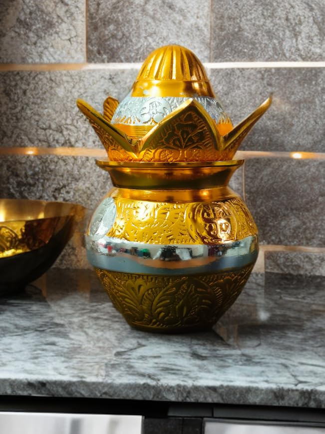 Image of Traditional Brass Kalash, Gold and Silver Finish, Decorative Pooja Vessel with Engraved Design, 5 Inch