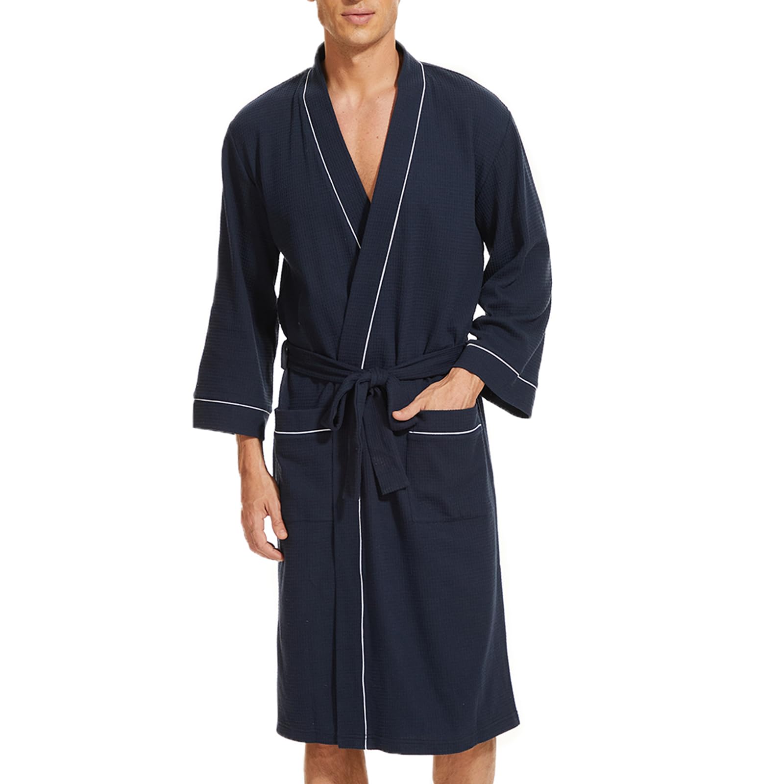 Mnemo Leichter Bademantel Herren Baumwolle Kimono Waffle Morgenmantel