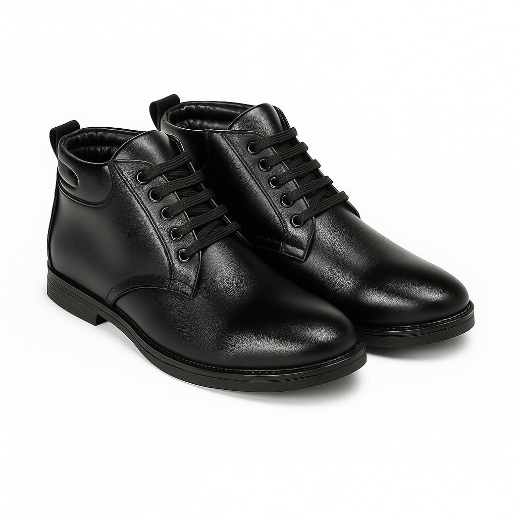 Men’s Elevator Derby Height Increasing Shoes – Genuine Black Leather Mid-Top Ankle Boots with 3-Inch Height Increase, Formal Dress & Casual Wear-image-3