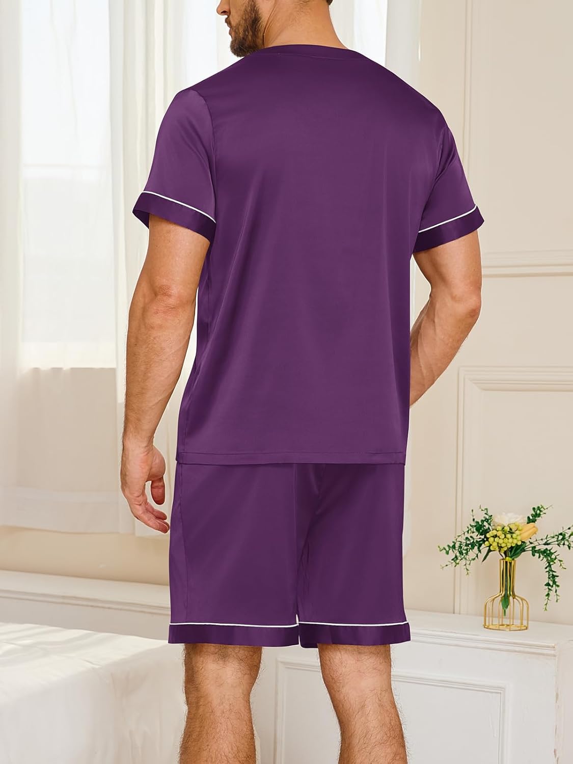 Vssjavun Mens Satin Silk Pajamas Sets Two Piece Short Sleeve Button Up Sleepwear Henley Neck Loungewear with Pocket - Image 3