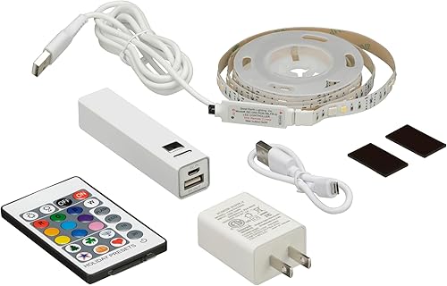Good Earth Lighting Tira de luz flexible de 120 lúmenes y 3000 K de 6 pies - Banco de energía recargable con adaptador USB con control remoto de