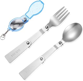 Giantree Juego de cucharas y tenedores plegables de 2 piezas, juego de cucharas plegables, cuchara plegable de acero inoxidable y tenedor de cena con dos recipientes de plástico para viajes, camping