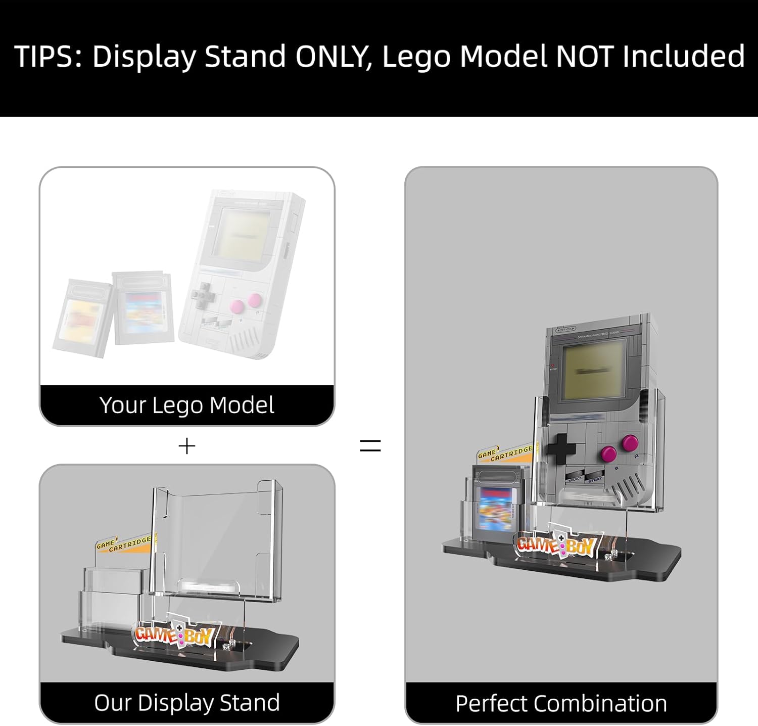 Acrylic Display Stand for Super Mario Game Boy, Display Holder for Lego 72046 Retro Building Sets with Game Cartridge Slot & Nameplate - Perfect Gifts for Men & Women
