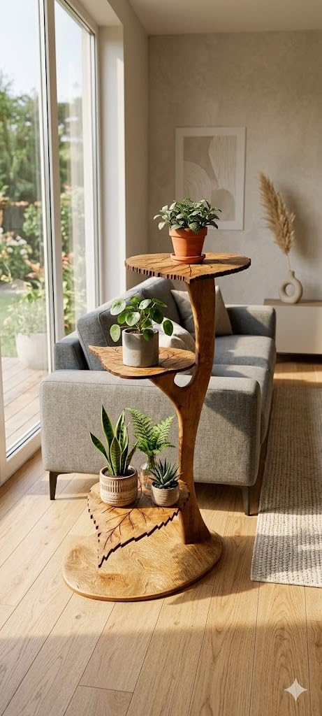 Foldable Wooden Plant Stand 3 Tier Tree Shaped Design Natural Mango Wood Plant Holder Indoor Flower Pot Display Rack Living Room Home Decor Shelf-image-44