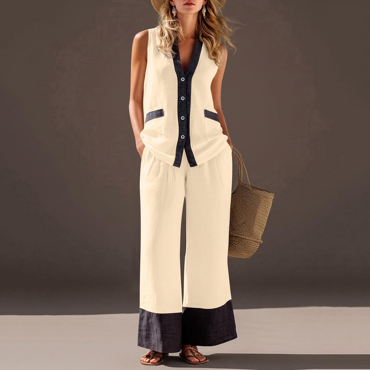 Linen Sets for Women 2 Piece Summer Vacation Outfits Sleeveless Button Down Shirts Wide Leg Pants Lounge Set