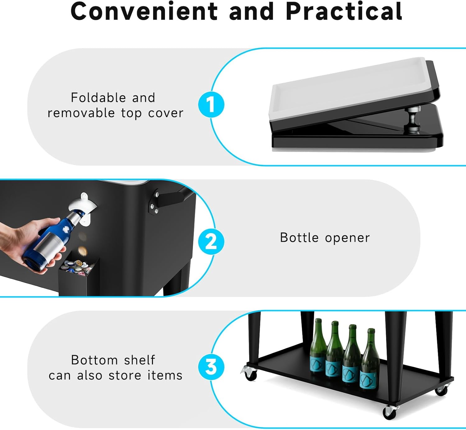 80 Quart Rolling Ice Chest Cart, Portable Outdoor Beverage Cooler with Bottle Opener & Cap Collector & Storage Shelf for Patio Party & BBQ & Beach Activities(Black)