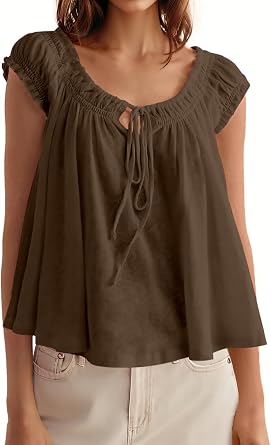 Tankaneo Women Summer Tie Front Tank Tops Cap Sleeve Babydoll Flowy Tops