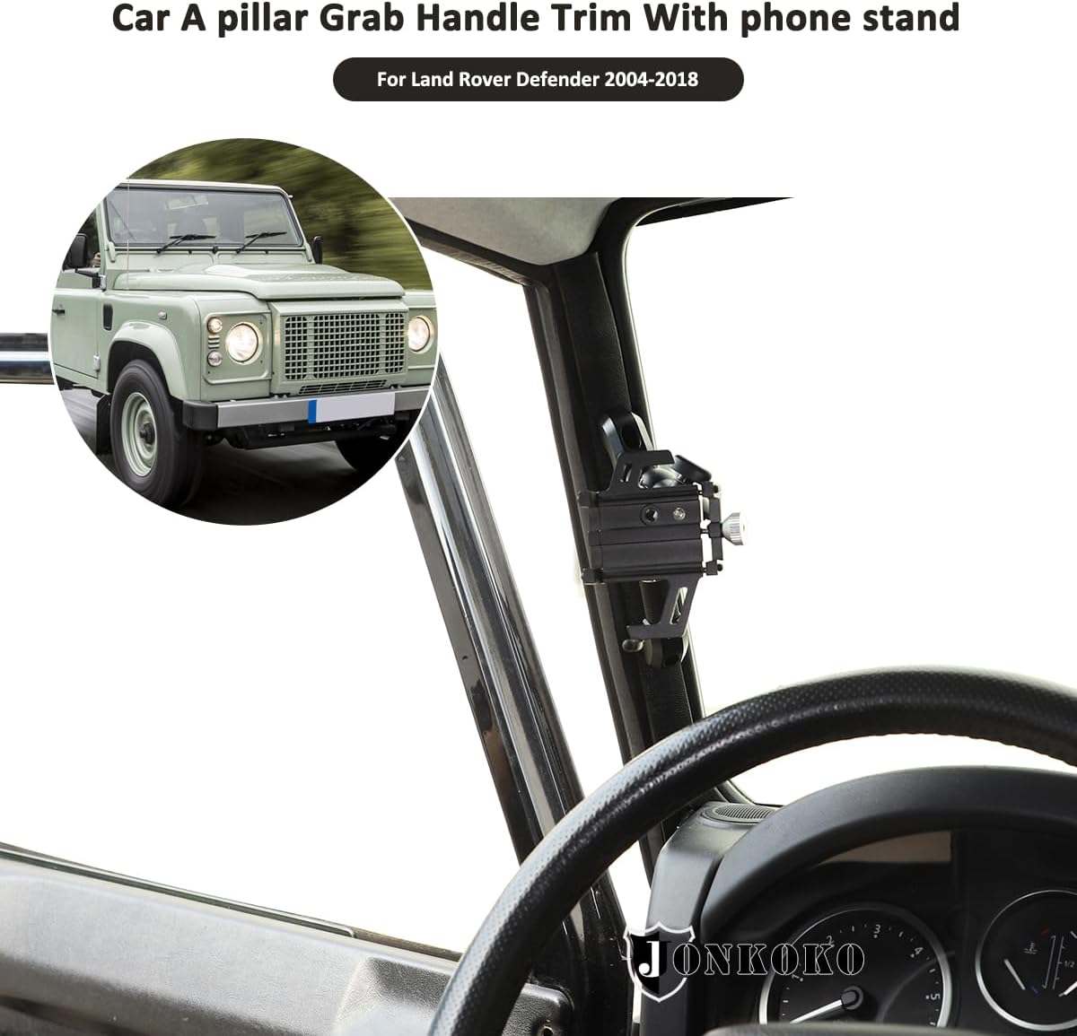 Car Interior Door Grab Handle Trim with Car Mobile Phone Holder Compatible with Land Rover Defender 2004-2018 Car A-Pillar Handle Mobile Phone Bracket GPS Navigation Bracket (Style D, Black)