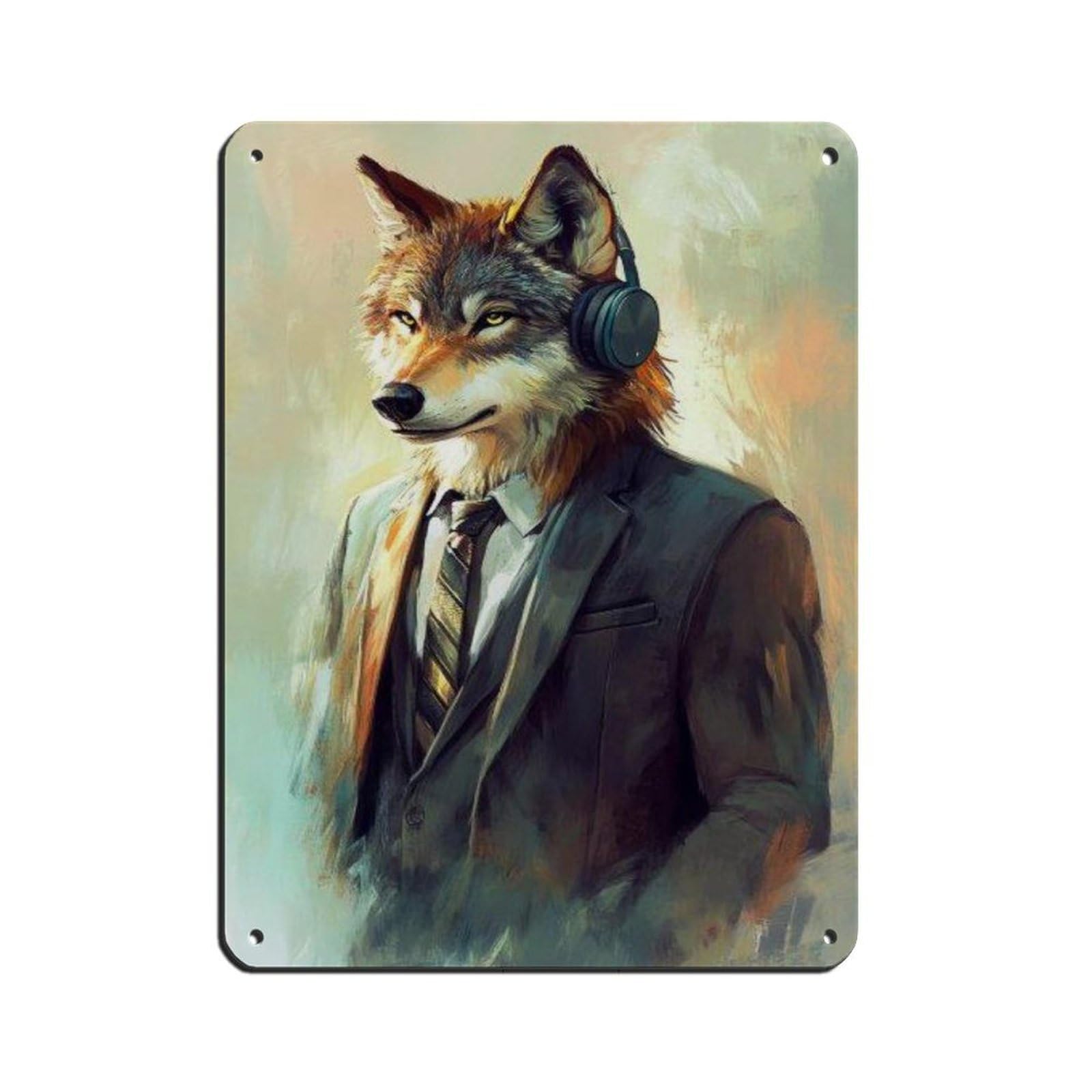 Wolf in Suit with Headphones Retro Poster Metal Tin Sign Chic Art Retro Iron Painting Bar People Cave Cafe Family Garage Poster Wall Decoration 12x16inch(30x40cm)