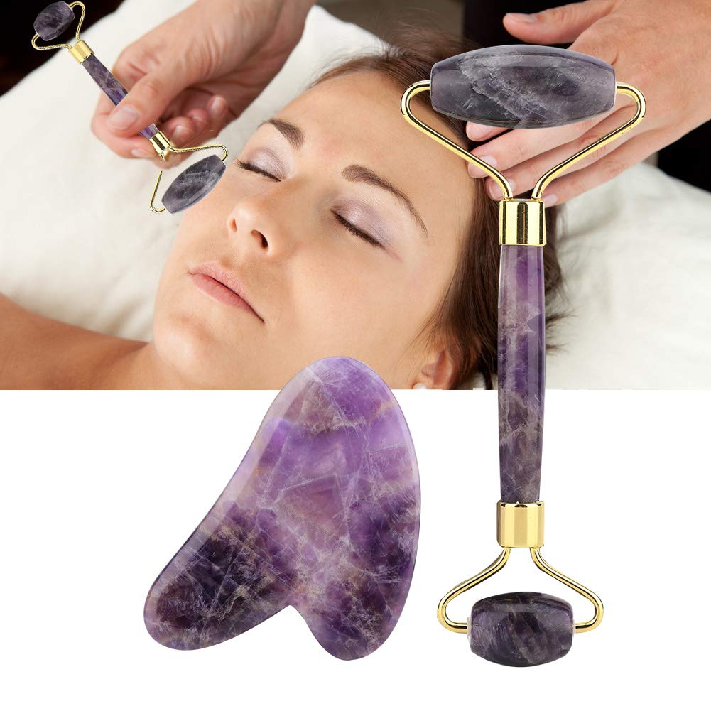 Rodillo De Piedra De Jade De Amatista Natural, Rodillo Para El Rostro Herramienta Guasha Para El Rostro Rodillo Facial Antienvejecimiento De Doble Cabeza Para El Cuidado De La Piel, Ojos, Cuello