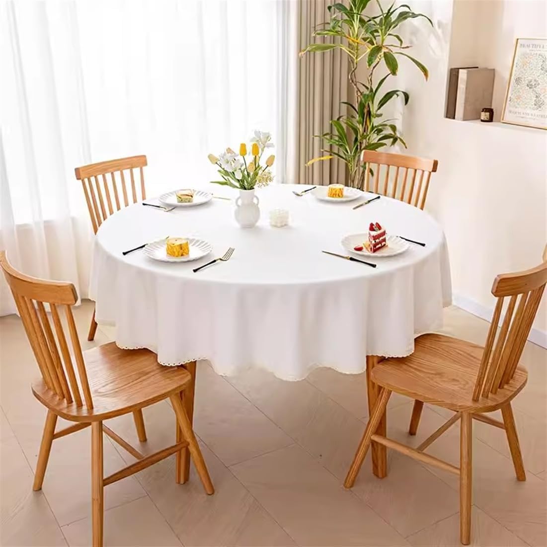 Linen Round Tablecloth Modern Style Solid Color Dust-Proof Table Cover Home Hotel Restaurant Peacock Blue Round 63"