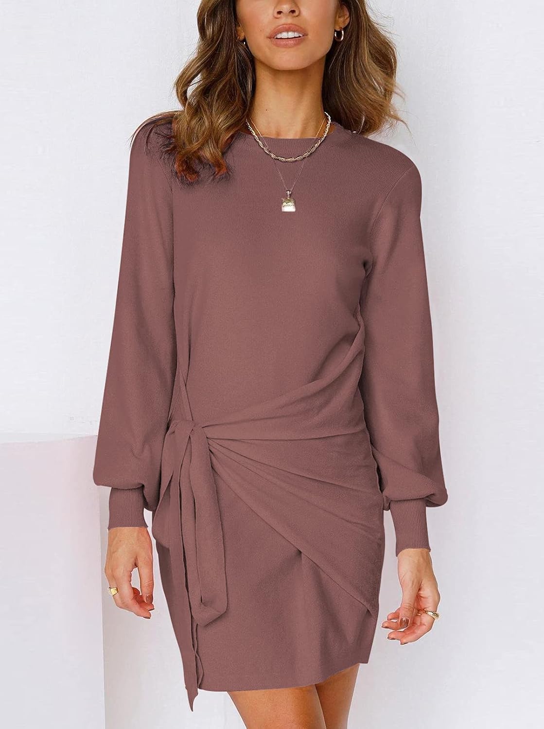 VTSGN Women's Long Lantern Sleeve Knit Sweater Dress Bodycon Ruched Tie Waist Mini Dresses Maroon : Clothing, Shoes & Jewelry