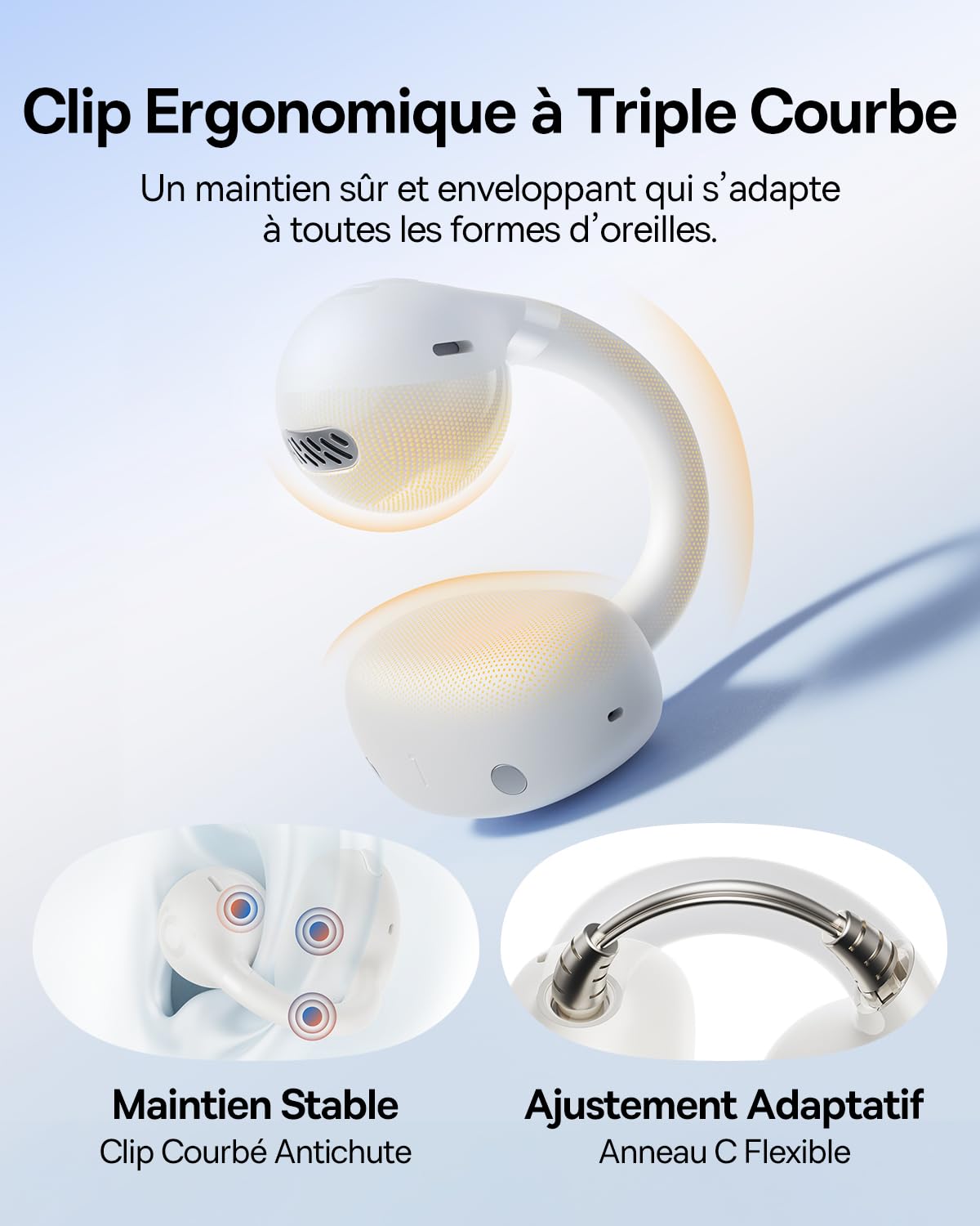 Baseus BC1 Casque Open Ear Clip d'oreille avec Son Impressionnant, Amplification des Basses adaptative, Bluetooth 6.0, réduction du Bruit Lors des appels, IP55, Batterie 38H, bourgeons légers - Blanc