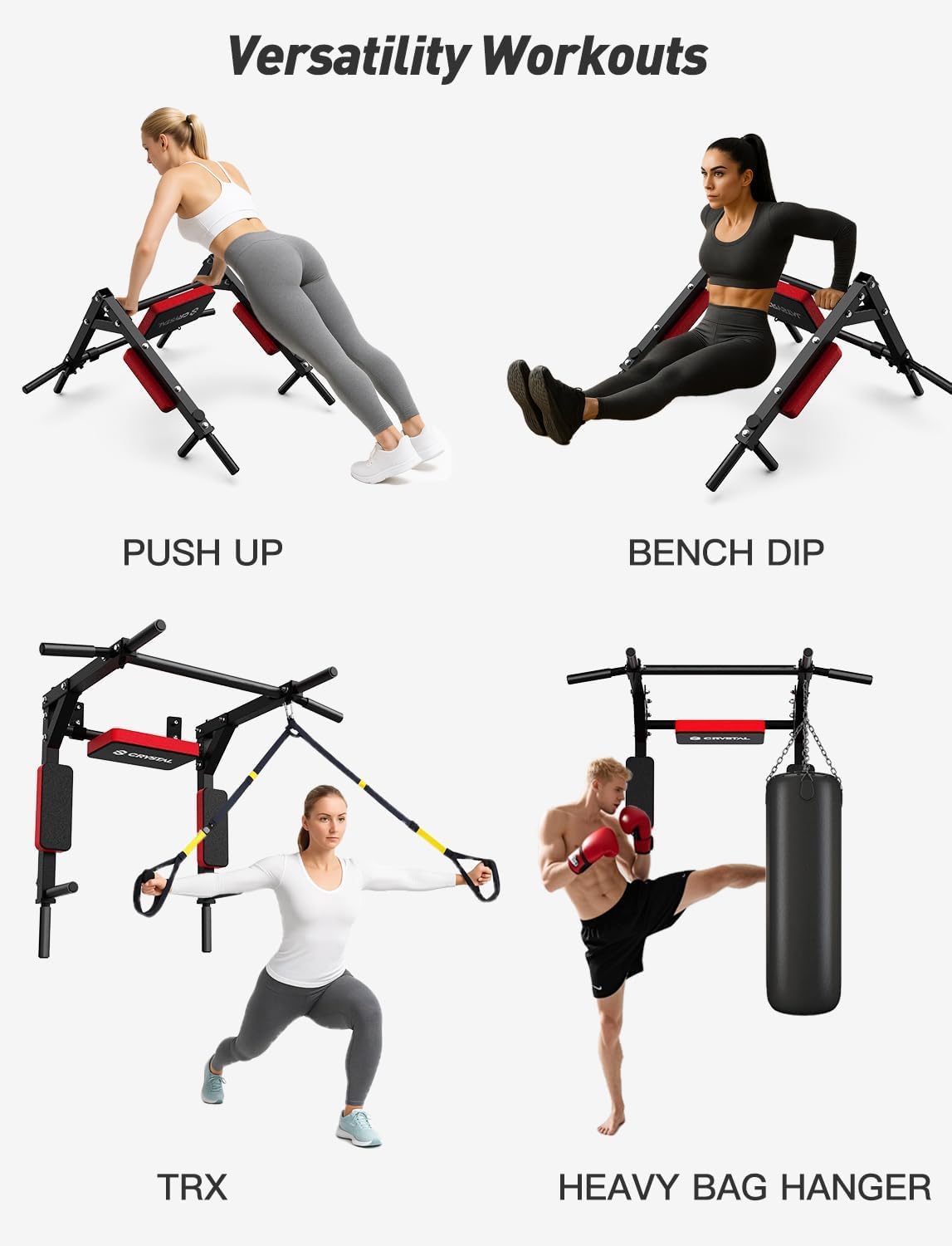 CRYSTAL FIT Multifunctional Wall Mounted Pull Up Bar, Chin Up Bar and Dip Station, Heavy Duty Steel Supports to 440 Lbs, Home Gym Workout Indoor Power Tower Set Training Equipment Fitness