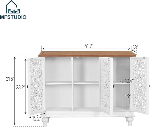 Miniatura 2 de MFSTUDIO Accent Wood Storage Cabinet, Large Farmhouse Hollow-Carved Buffet Sideboard with 3 Doors Decorative Storage Cabinets for Living Room