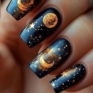 24 Pcs Black Press on Nails Short Square - YEFIUO Spring Fake Nails Press ons Nail Art Tips Acrylic Nail Kit Glossy Glue on Nails Full Cover False Nails with Glitter Stars and Moon Design for Wome