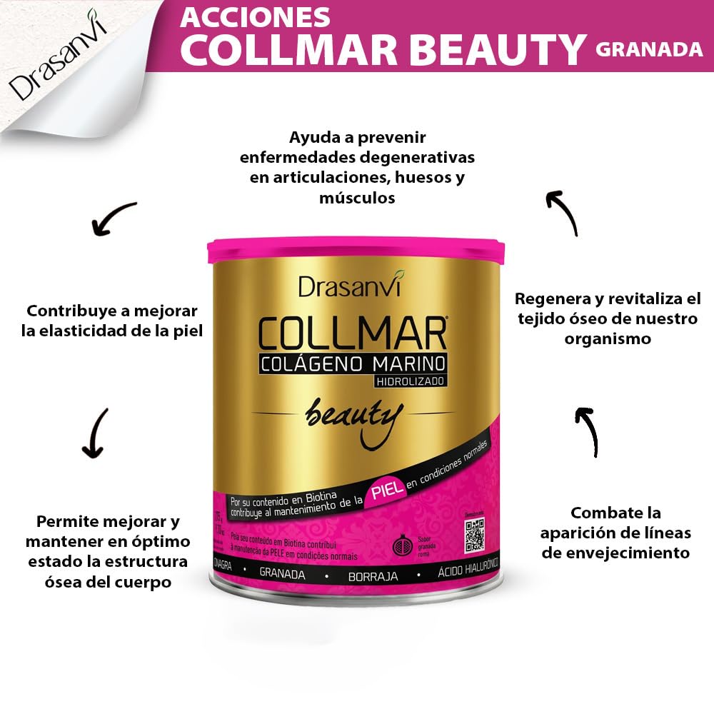 Drasanvi Colágeno Marino Hidrolizado Beauty 2 x 275 g | Ácido Hialurónico + Biotina + Vitamina C Natural | Elasticidad, Firmeza y Luminosidad de la Piel | Sin Gluten | Sabor Granada