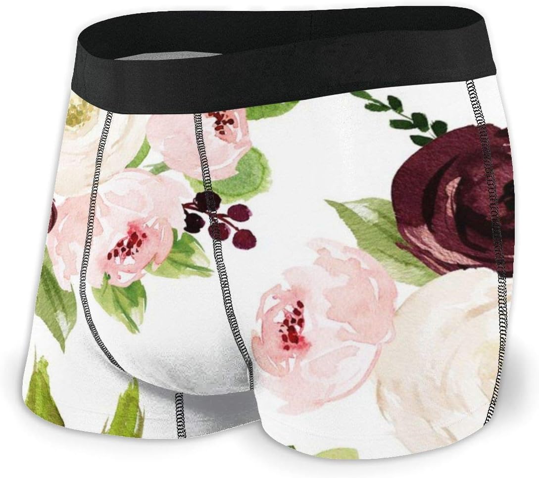 Men's no Rideup Boxer Briefs,12 Rustic Burgundy Blush Florals White