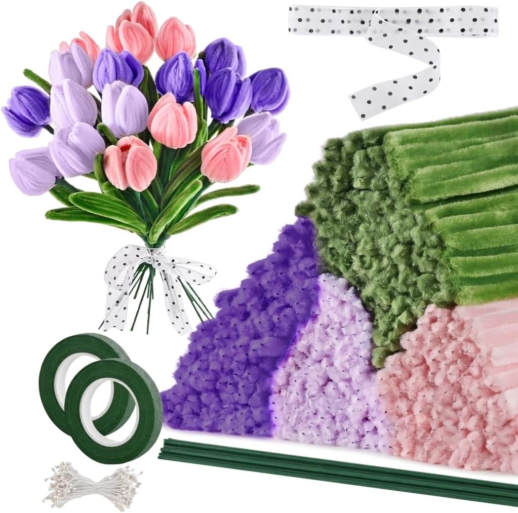 400 Pieces Chenille Stems Pipe Cleaners Craft Kit - Durable Purple Pipe Cleaners for Crafts & Flowers, Complete DIY Pipe Cleaner Flower Kit for Kids, Ideal for School Projects & Gifts (Purple Crocus)