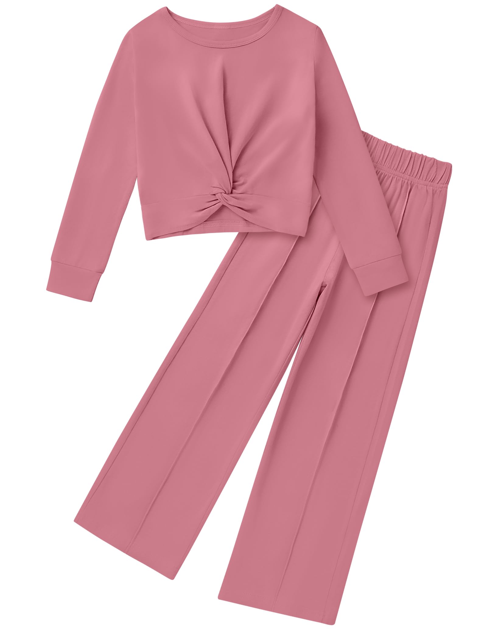 Girls Fall Outfits Fashion Solid Long Sleeve Twist Crop Tops and Wide Leg Pants Girls Clothing Set