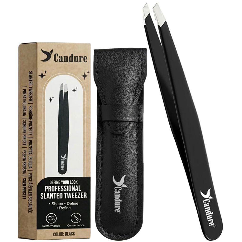 Candure Men's Black-1Pc Professional Slanted Tweezers For And Wo – Precision Stainless Steel Tweezer For Brow, Chin, Facial Hair, Ingrown Hair & Plucking With Leather Pouch (Black)