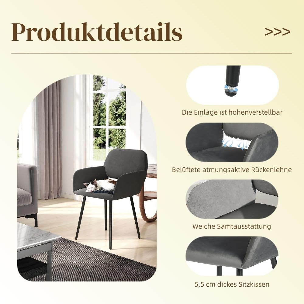 1 Pezzo Sedie Moderne Sala da Pranzo Imbottite per Cucina Grigia, Sedia Imbottita Cucina Moderna Scandinava con Braccioli per Sala da Pranzo/Soggiorno/Ristorante/Hotel/Velluto Grigio Scuro