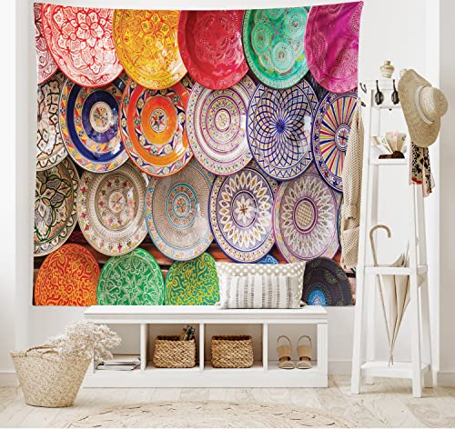 ABAKUHAUS Moroccan Tapestry, Traditional Handcrafted Colorful Plates Shot at the Market in Marrakesh, Fabric Wall Hanging Decor for Bedroom Living Room Dorm, 58 W X 43 L, Beige Light Brown