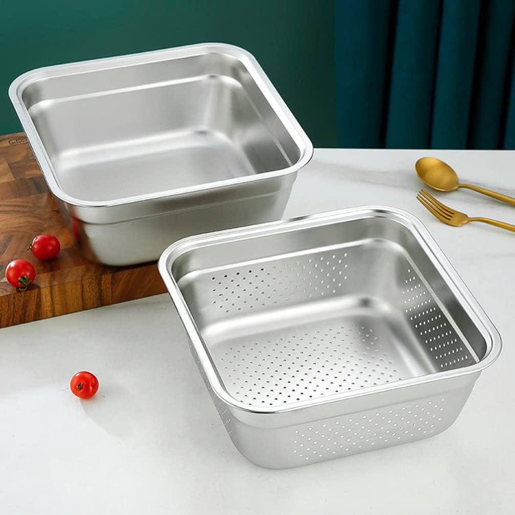 Zerodeko Stainless Steel Colander Square Basin 9.84 X 9.84 X 3.74 in Rice Strainer and Vegetable Washing Basket for Fruit Rice Draining and Kitchen Rinsing