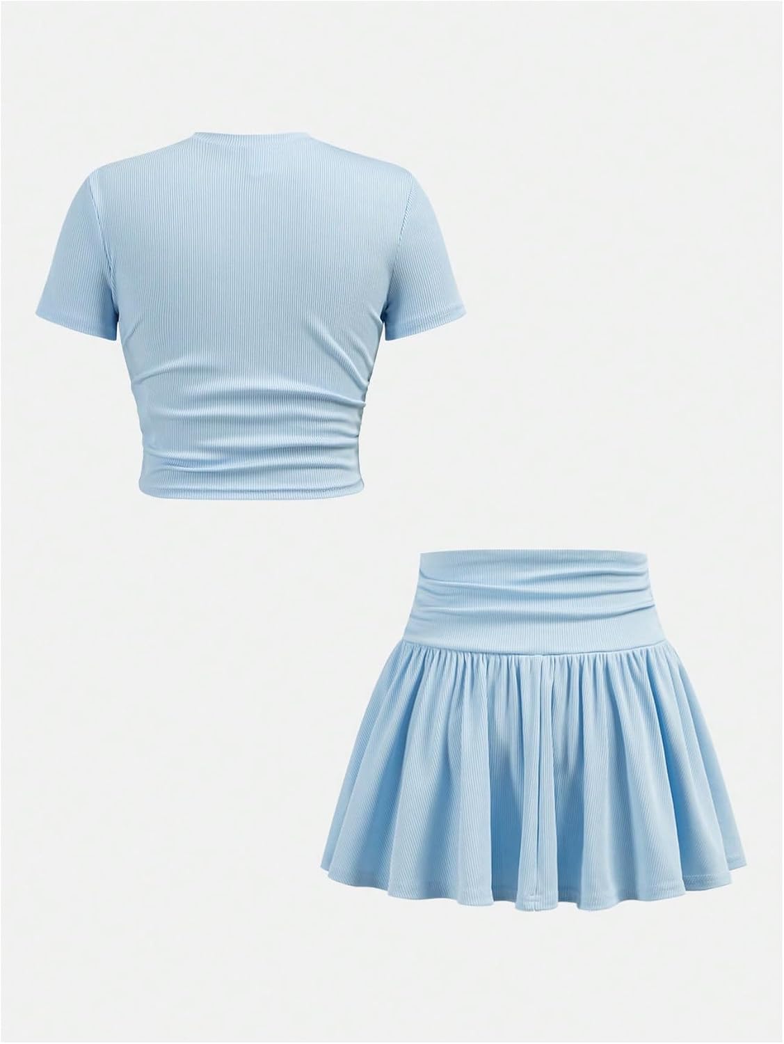 Verdusa Girl's 2 Piece Sets Summer Outfits Ruffle Ruched Crew Neck Short Sleeve Crop Tops Skater Skirt Set