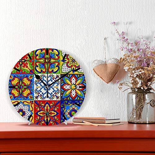 Kuizee Wall Clock Tabletop Mexican Talavera Block Ethnic Folk Ornament Majolica Colorful Pvc Foam Board Creative Decoration Home Office Bedroom 10Inch #TOP5