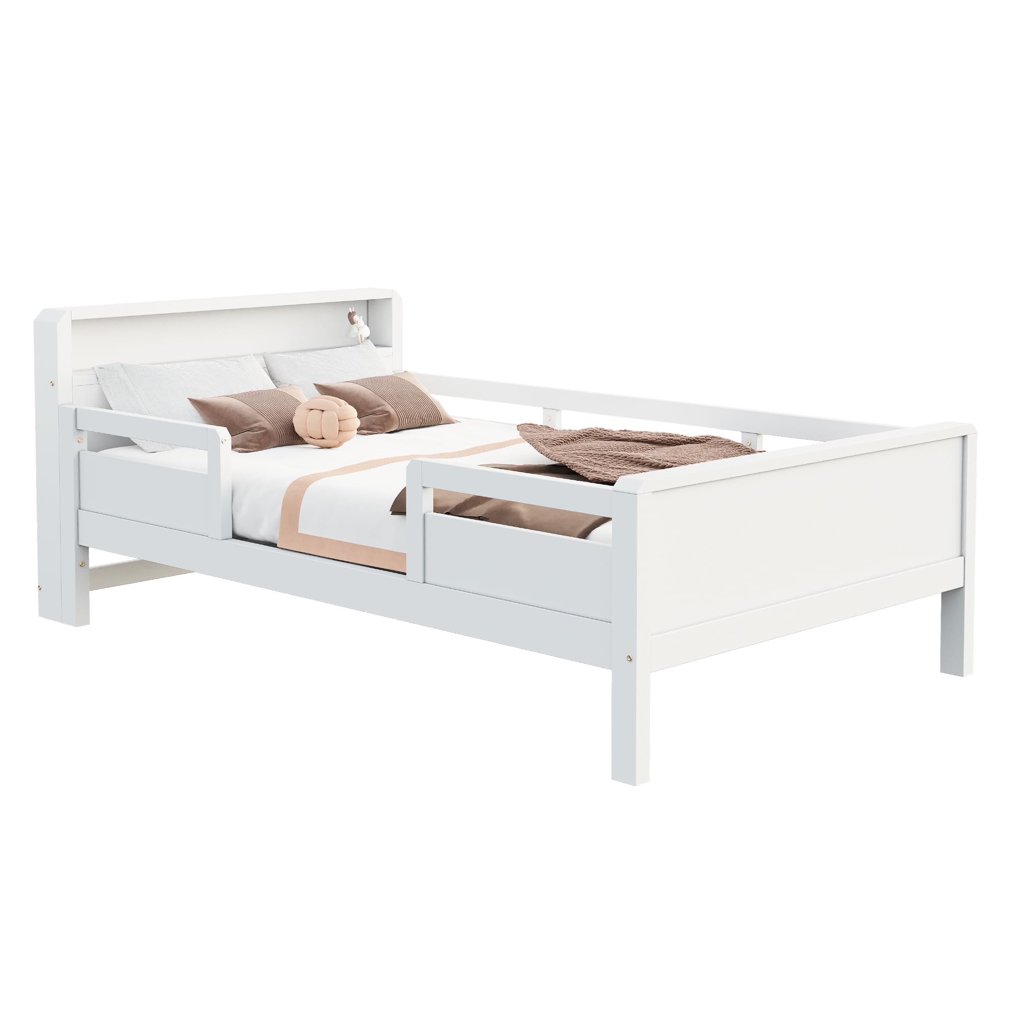 LED Bett 90x200 cm Kinderbett mit Rausfallschutz und Stauraum-Kopfteil, Kinder Bett Einzelbett mit USB-Type-C-Kombi-Steckdose, Holzbett Bettrahmen mit Lattenrost, Weiß, Ohne Matratze