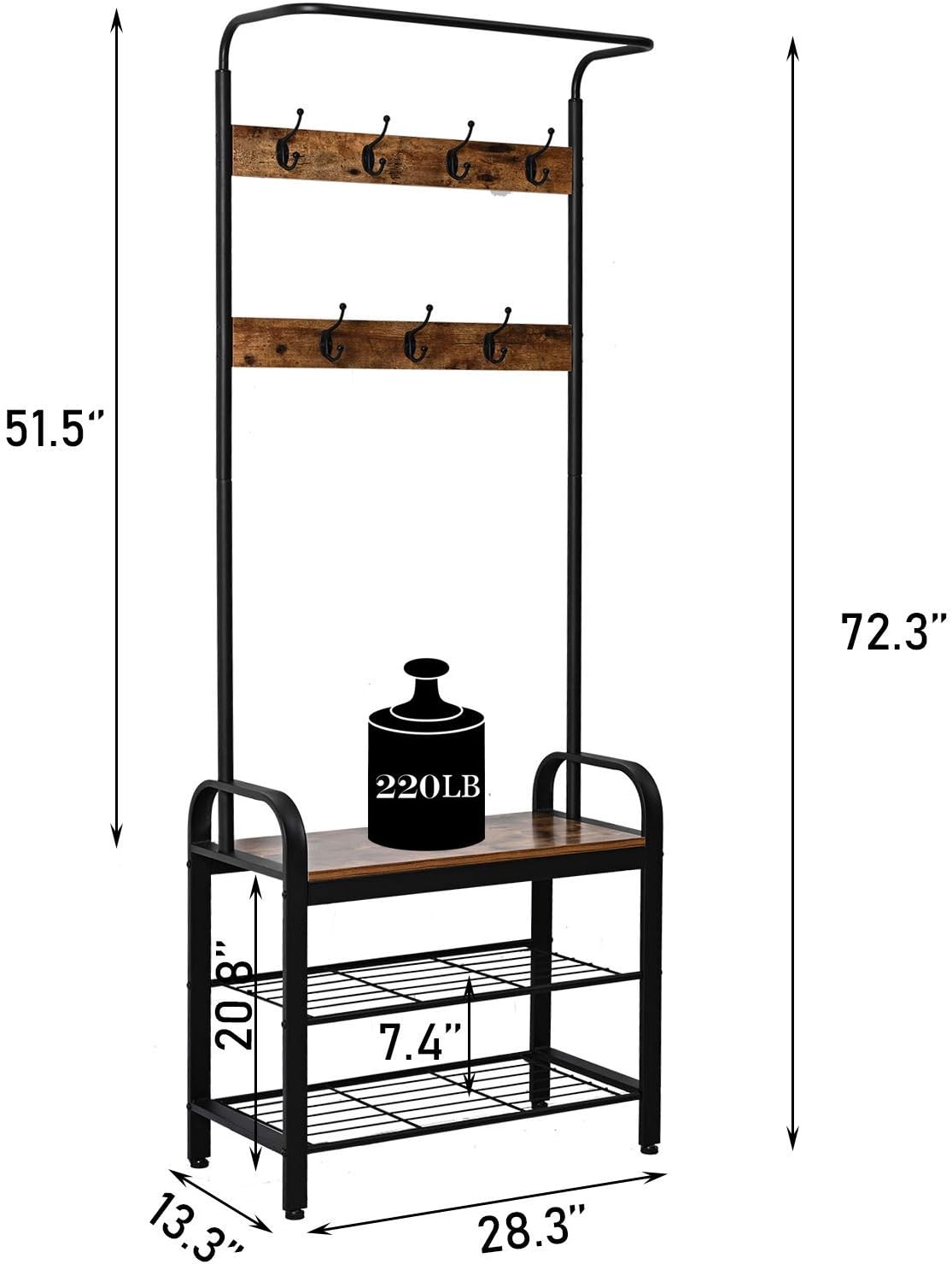 IRONCK Industrial Hall Trees with Bench and Coat Racks, 3-in-1 Hall Tree Entryway Storage Shelf, Accent Furniture with Metal Frame, Easy Assembly, Rustic Brown