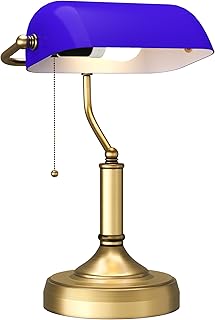 HOMCOM Banker\'s Table Lamp Desk Lamp with Antique Bronze Tone Base, Blue Glass Shade and Pull Rope Switch for Home Office, Living Room, Bedroom, Dining Room, Blue