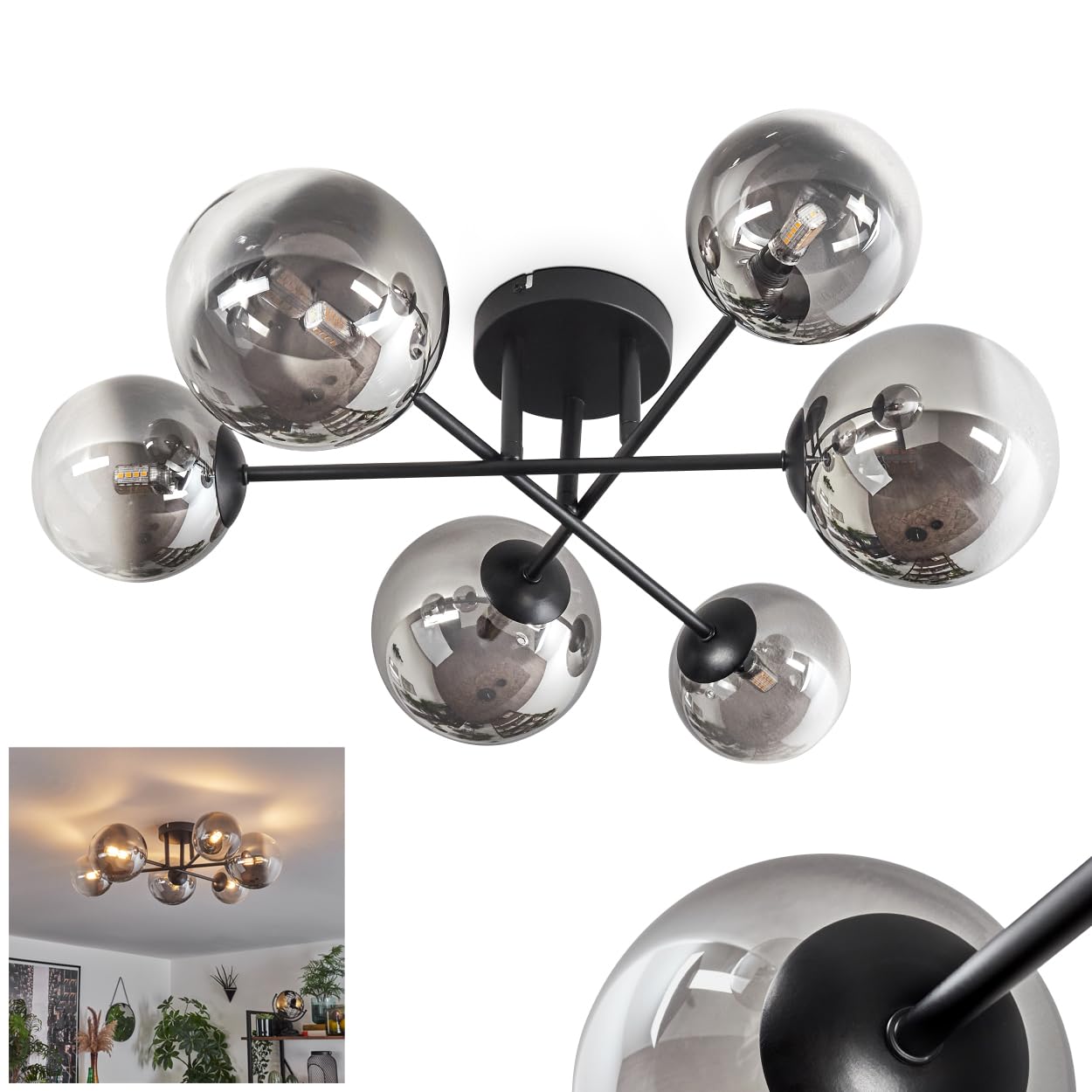 Hofstein Light/Black Chehalis Ceiling Ceiling Lamp Made Of Metal/Glass In Black/Smoke Colour/Clear, Luminaire In Modern Retro/Vintage Design With Glass Shades (Ø 12 Cm, 15 Cm), 6 X G9, Without Bulbs