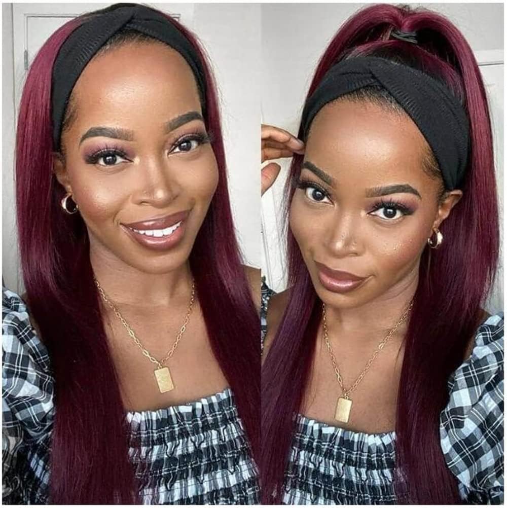 Sapphirewigs Straight Headband Wigs for Women Burgundy Synthetic Glueless Light Yaki Headband Wig Heat Resistant 26 inch - Image 5