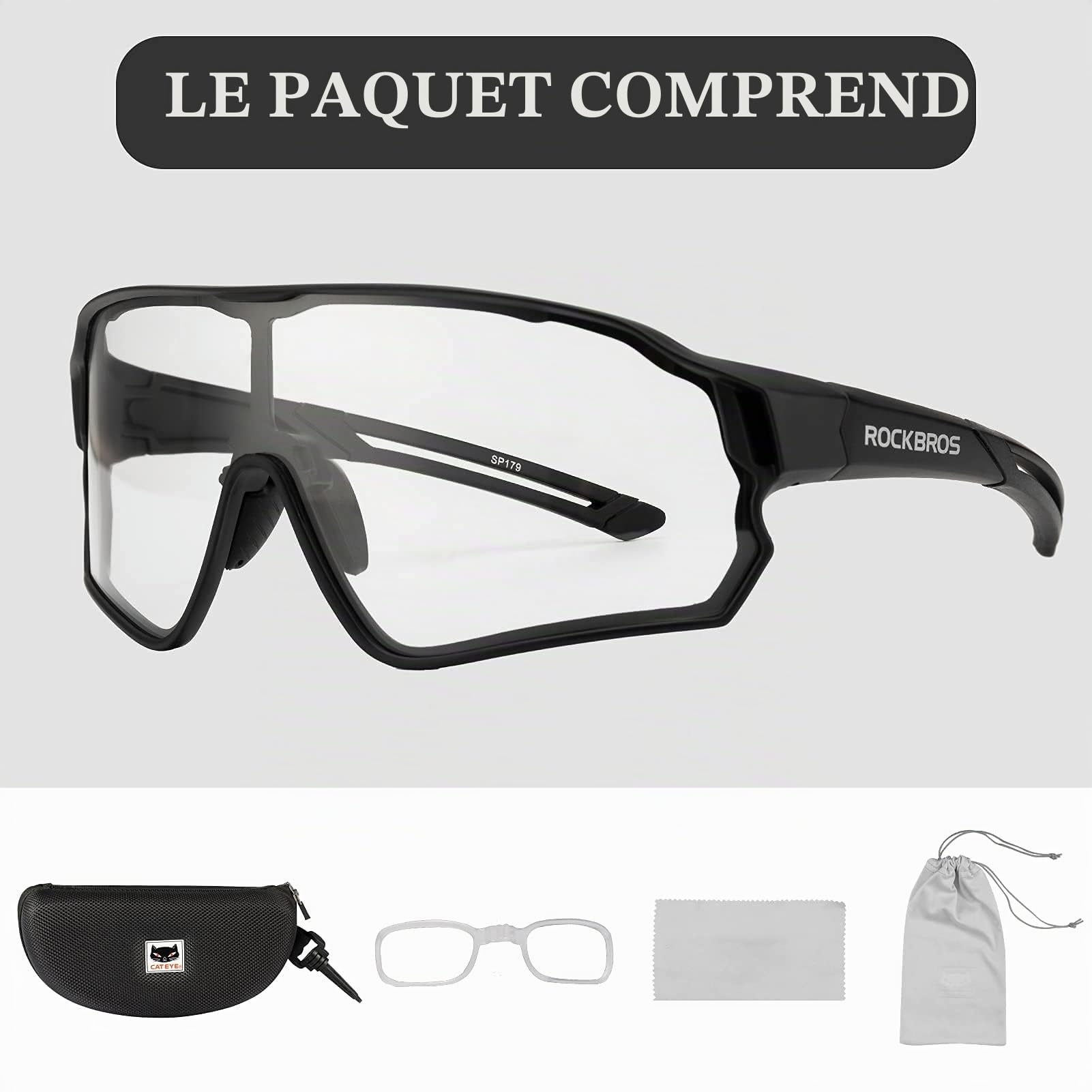 ROCKBROS Lunettes de Cyclisme Photochromiques UV400 Noir | Lunettes de Soleil Sport, Verres Clairs Adaptatifs, Protection UV, Coupe-Vent pour Vélo, Conduite, Pêche et Golf