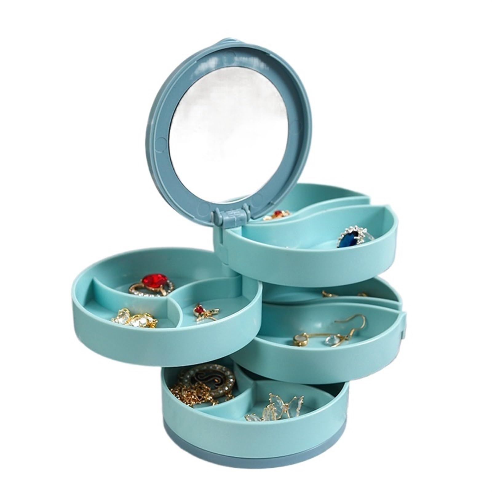 Joyero Giratorio de Cuatro Capas, Organizador for Collar, Pendientes, Anillo, Pulsera, Compartimento Multicapa, Caja de Almacenamiento con Espejo(Blue)