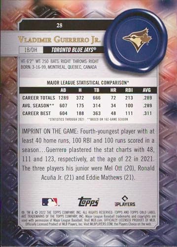 Miniatura 2 de 2022 Topps Gold Label Class 1#28 Vladimir Guerrero Jr. Toronto Blue Jays Baseball Card - GotBaseballCards