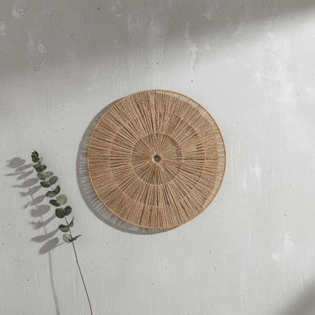 Adorno De Pared Circular De Yute Natural 60 Cm Decoración para Salón O Dormitorio Cuadro De Fibra Natural