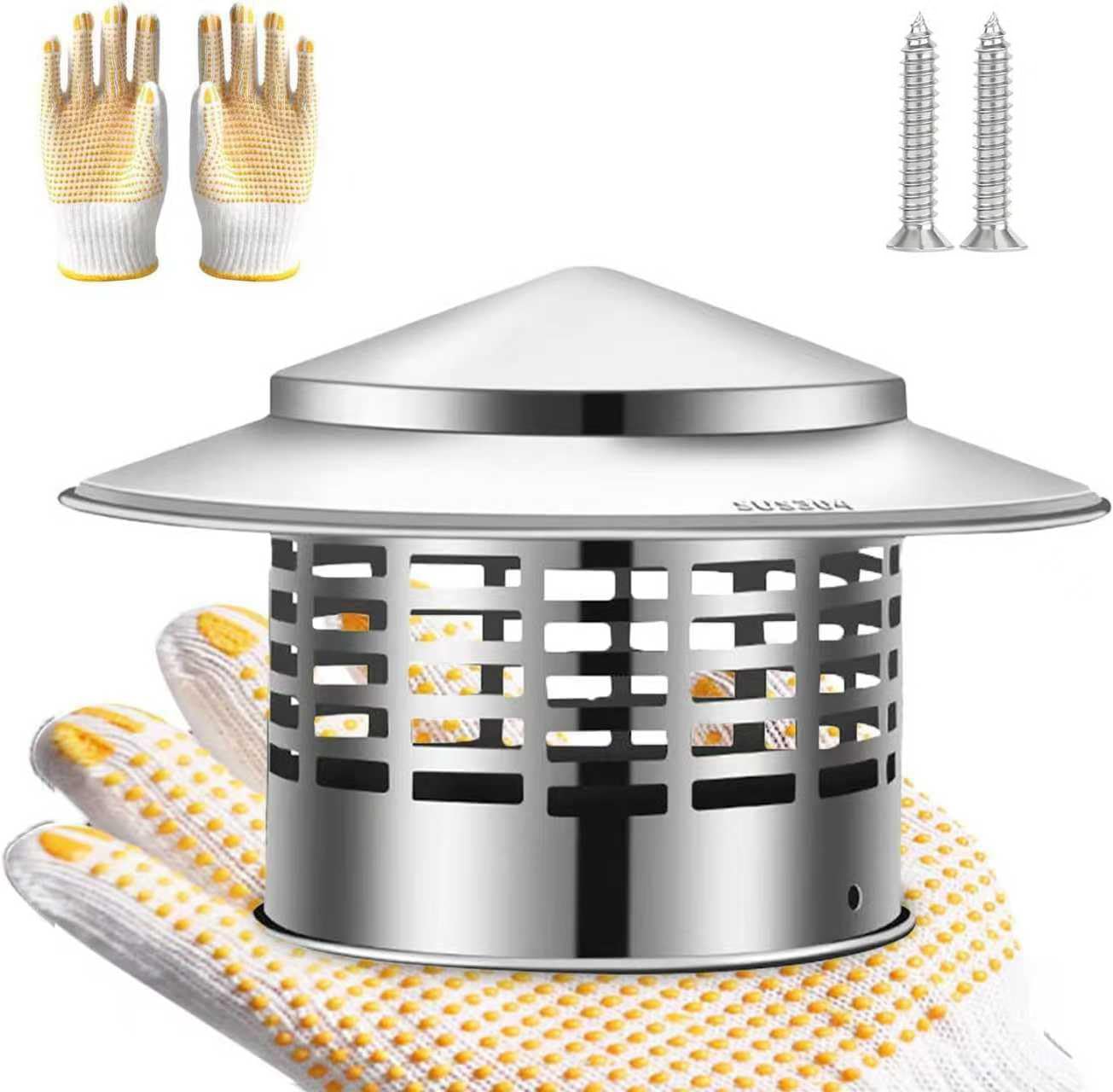 Photo 1 of TyBasY 3/4/6/8 Inch Round Chimney Cap, 304 Stainless Steel Chimney Cover with Gloves, Weatherproof Fireplace Chimney Caps for Outdoor Use, Rain Cap for Stove Pipe, Roof Vent Chimney Cap(6 inch)