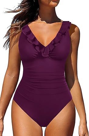 Photo 1 of Holipick Women One Piece Swimsuits Tummy Control Bathing Suit Ruffle V Neck Swimwear Slimming Monokini
size m