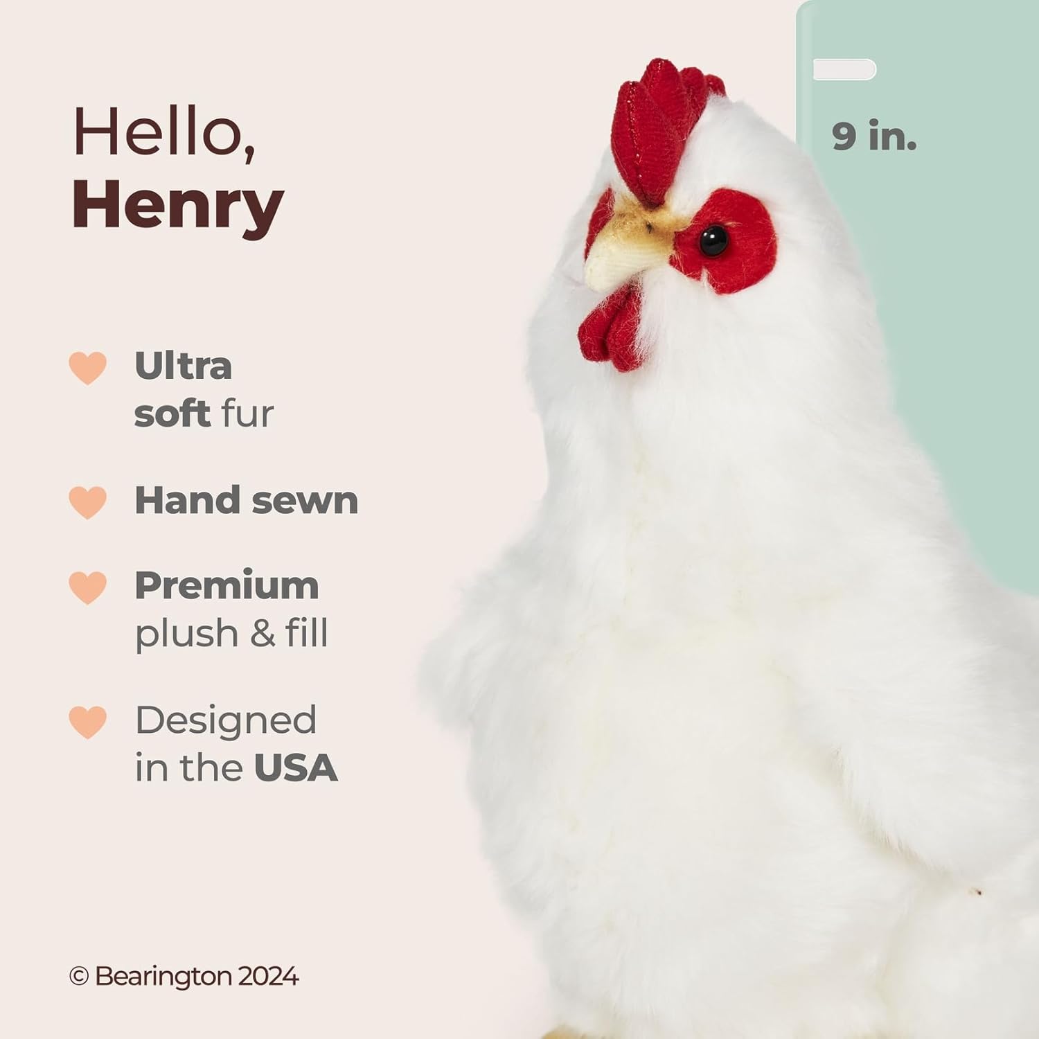 Bearington Henry Hen Stuffed Animal - 9" White Chicken Plush Toy with Realistic Details - Soft Farm Stuffed Chicken with Bean Bag Body - Adorable Hen Plush Gift for Kids and Collectors