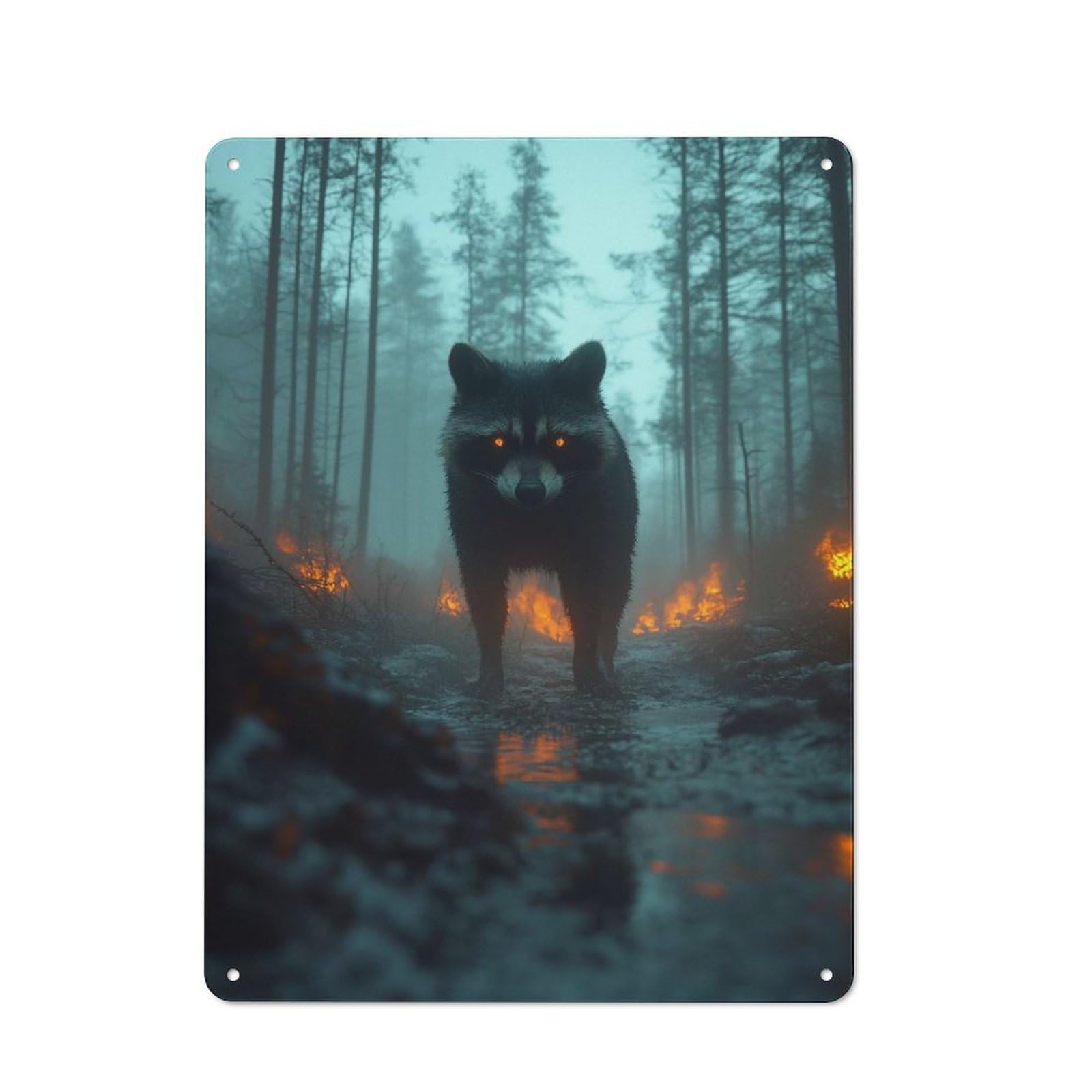 Junmoney Style-20 Rustic Raccoon With Glowing Eyes In Forest Fire Tin Wall Plaque 40X30cm, Rustic Kitchen Decor For Cottage, Kitchen, Hallway Or Breakfast Nook