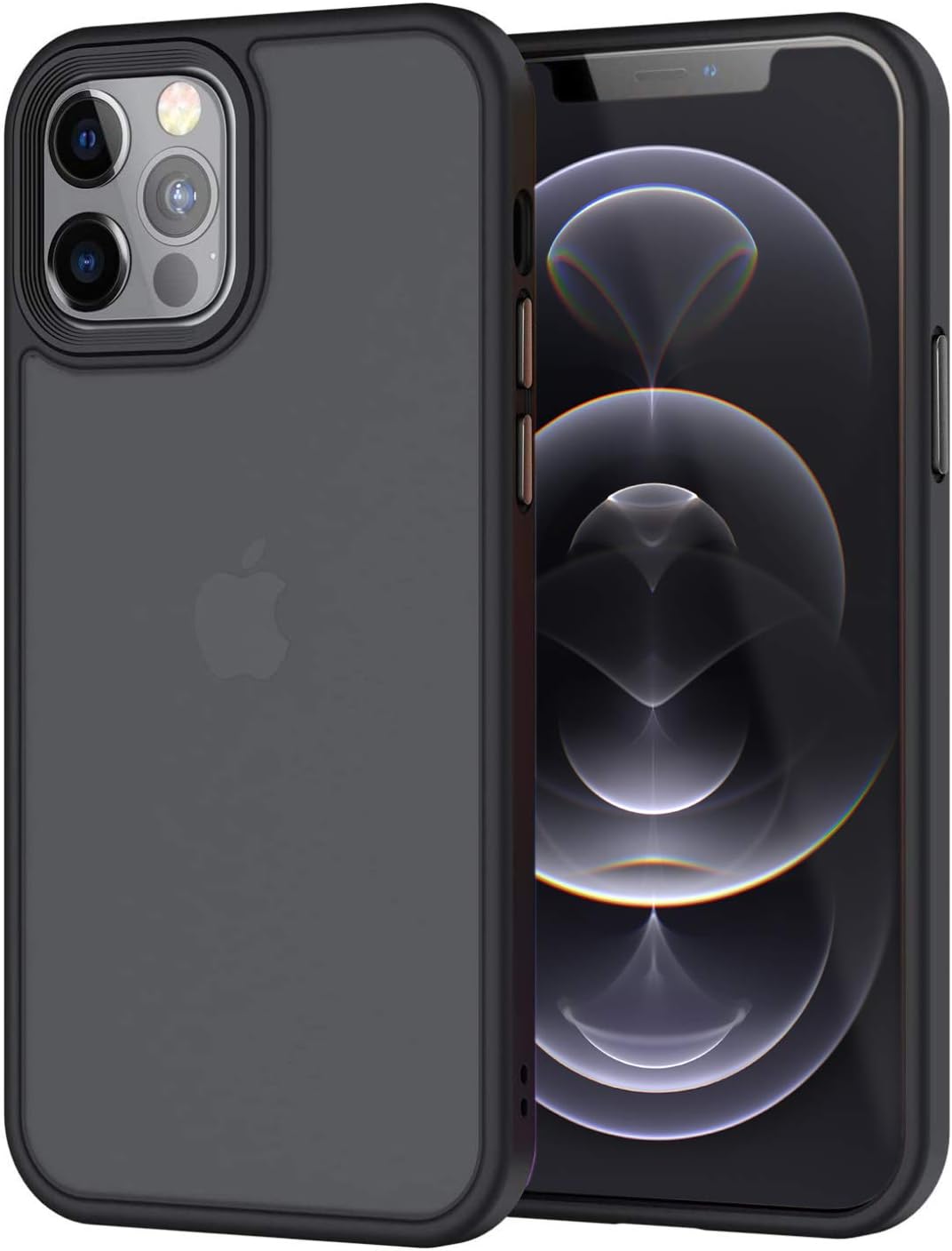 Premium Hybrid Slim fit Rubberized Matte Semi Transparent Back Cover Case with Metallic Buttons for iPhone 12 & iPhone 12 Pro (Black)