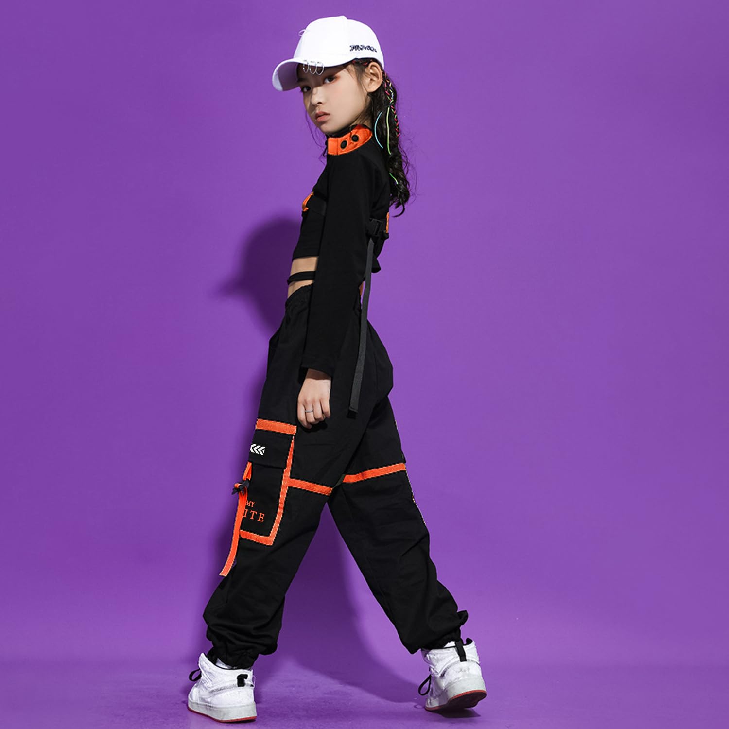 LOLANTA Hip Hop ubrania dla dziewczynek, nastoletnie ubrania do tańca jazzowego, zestaw odzieży z odsłoniętym brzuchem i spodniami cargo, pomarańczowy, 10-11 lat