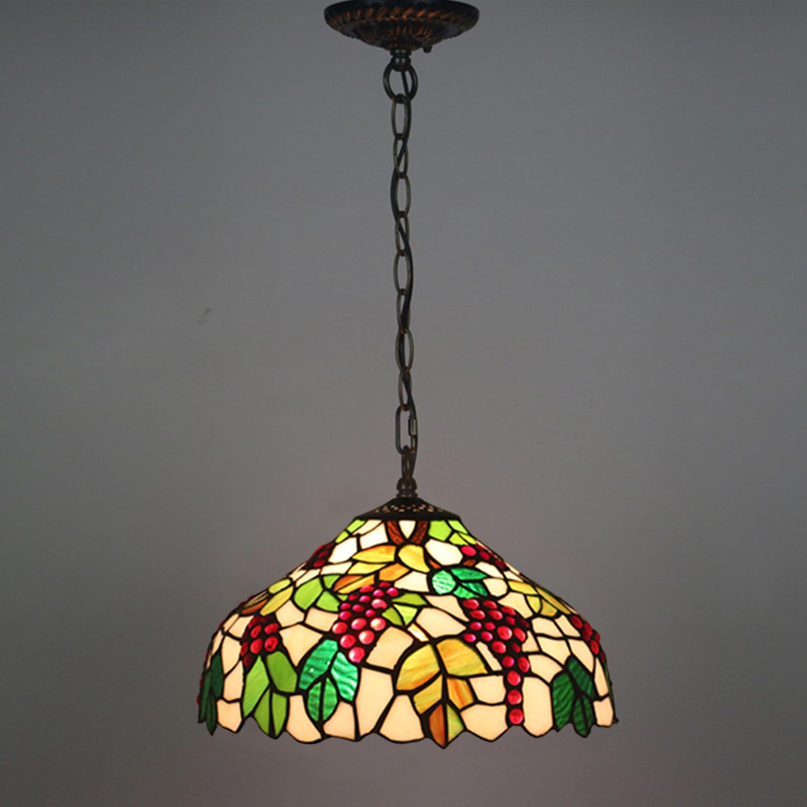 Suspension Tiffany en verre teinté, abat-jour suspendu, feuille de vigne rouge et verte, décoration d'intérieur, lustre large de 30,5 cm de hauteur, 99,1 cm pour cuisine, salle à manger, plafond, cha