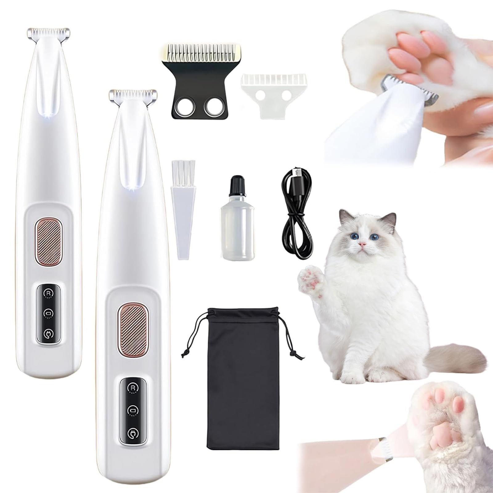 3 in 1 Dogs Paw Trimmer, Paw Trimmers for Dog with LED Light, Electric Dog Trimmer, Low Noise Pet Shaver for Dogs Cats, Pet Hair Clipper, Waterproof Pets Shaver for Eyes Ears Face Rump (2pcs)
