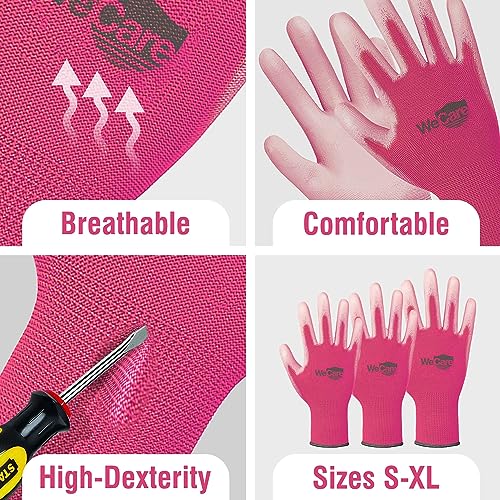 Pink Medium Working Gloves with PU Coating - 3 Pairs of Safety Work Gloves - Good for Construction, Roofing, Landscaping, Warehouse, Carpenter, Electric Work