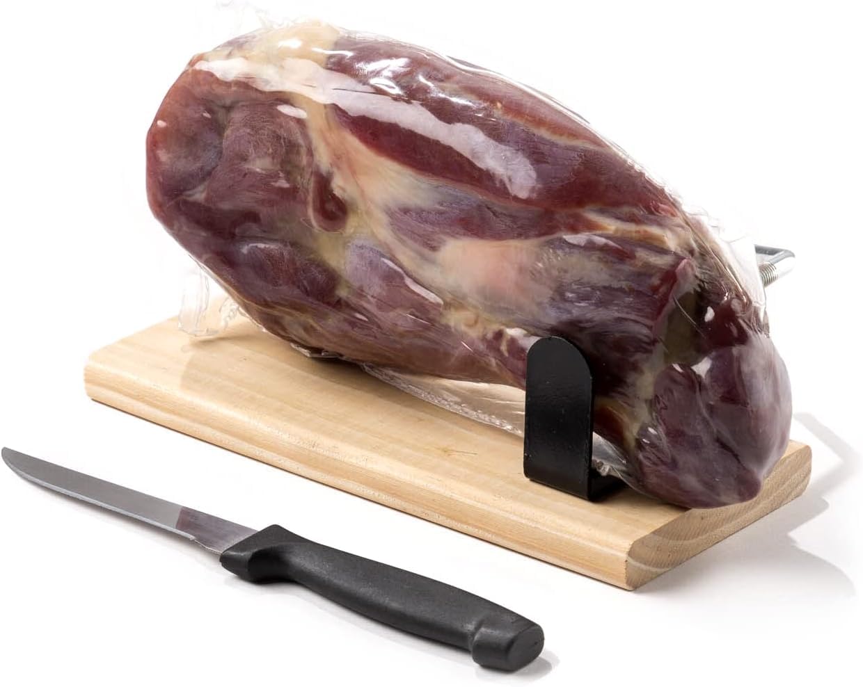 Mini Prosciutto Serrano, Mini Porta Prosciutto e Coltello - Pezzo da 1,1 kg - Confezionato sottovuoto - Senza osso - Periodo minimo di stagionatura 12 mesi - Confezione Gourmet